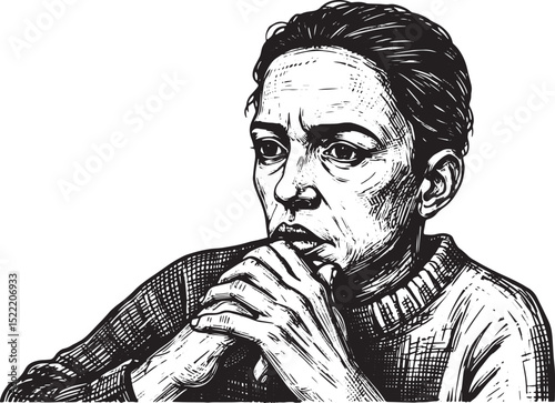 Monochrome thoughtful portrait illustration, ink drawing style,