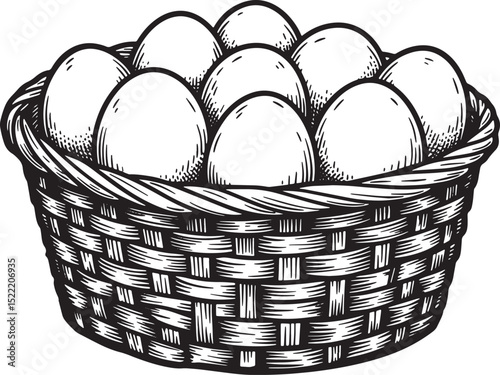 Detailed Woodcut Illustration of a Basket Filled with Fresh Eggs