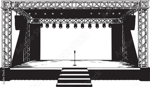 Detailed Woodcut Illustration of a Party Stage with Lights and S