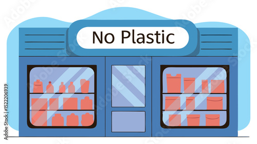 Colorful illustration, storefront promoting eco-friendly practices with a clear message against plastic, various containers in display windows, emphasizing sustainability and environmental awareness
