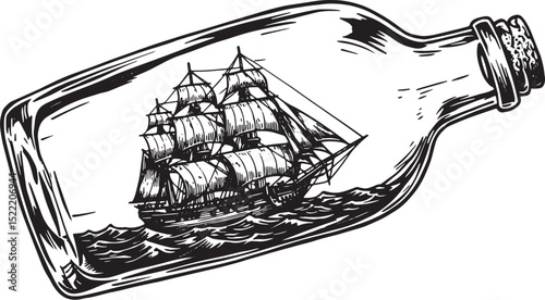 Intricate black and white woodcut illustration of a ship encased