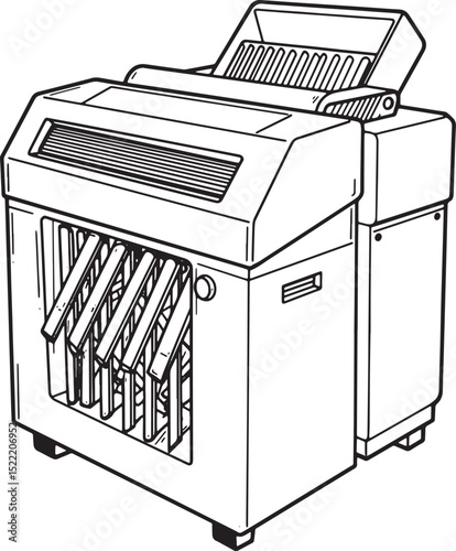 Monochrome woodcut drawing of a paper shredder machine for secur
