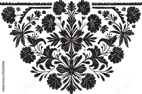 Detailed Black and White Woodcut of Mexican Embroidery Design Pa