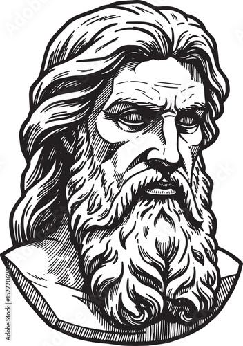 Detailed woodcut illustration of a classic greek god statue bust