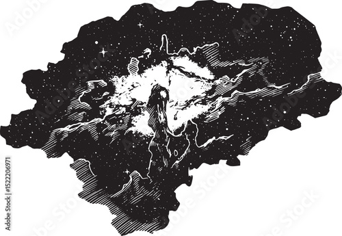 Monochrome Woodcut Illustration of Intergalactic Medium Formatio