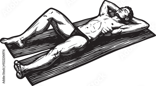 Monochrome woodcut illustration of a man sunbathing on a beach t