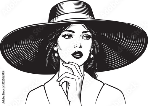 Elegant lady with wide brim hat in vintage woodcut style illustr