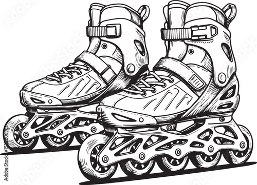 Detailed woodcut illustration of rollerblades showcasing intrica