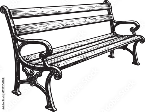 Elegant City Park Bench Woodcut Illustration for Serene Outdoor