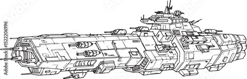 Intricate Woodcut Illustration of a Futuristic Space Frigate Des