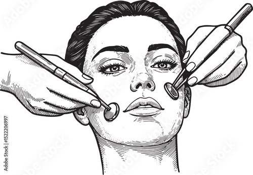 Woodcut Illustration of a woman receiving a meticulous facial tr