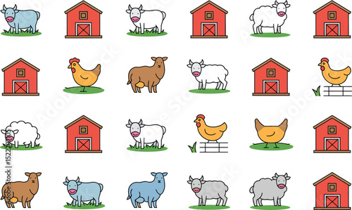 Farm animal icons with barn illustration seamless pattern design