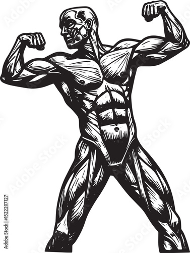 Detailed Woodcut Illustration of Muscular Human Anatomy in Black
