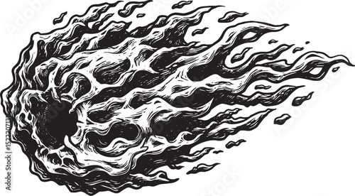 Dramatic rendition of a comet in black and white woodcut style i