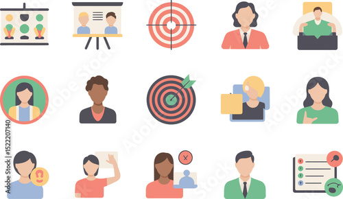 Business and team management flat icons set illustration