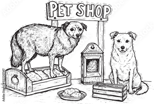 Rustic monochrome illustration of dogs at a vintage style pet sh