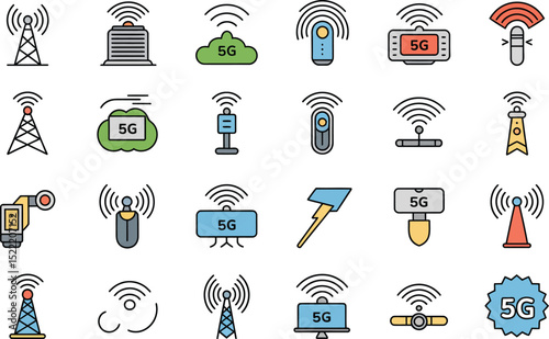 Collection of 5g technology icons wireless network and communication elements