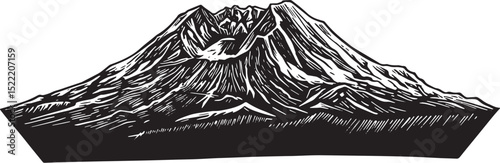 Striking black and white woodcut drawing of Mount St Helens volc