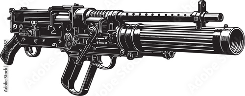Detailed Woodcut Illustration of a Maxim Gun, A Vintage Military