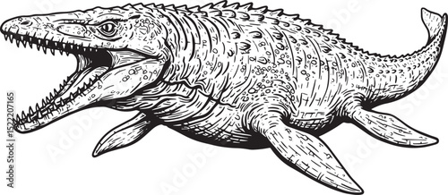 Detailed woodcut illustration of a ferocious Mosasaurus in black