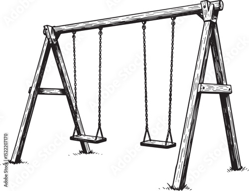 Monochrome Playground Swing Set Illustration with Woodcut Style