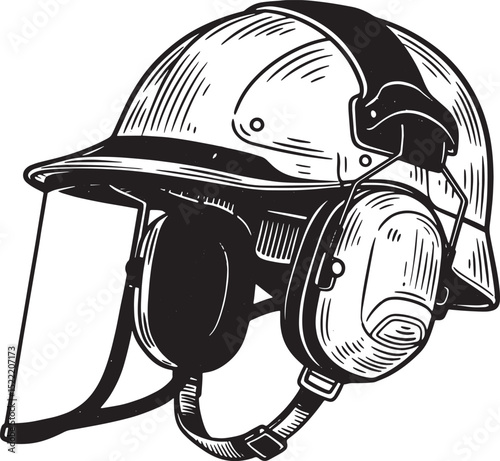 Vintage woodcut illustration of a logging helmet with ear protec