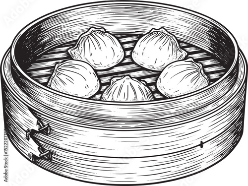 Detailed Woodcut Style Illustration of Dim Sum Steamer with Dump
