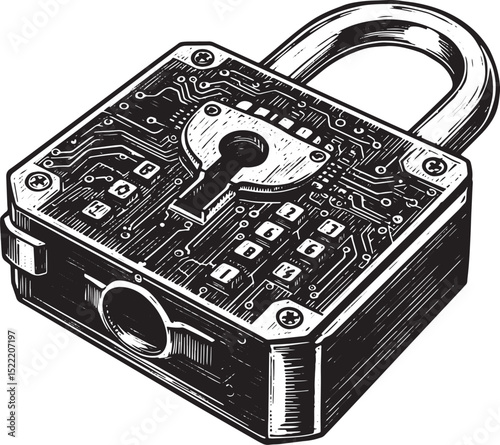 Intricate Woodcut Illustration of a Crypto Lock Representing Dig