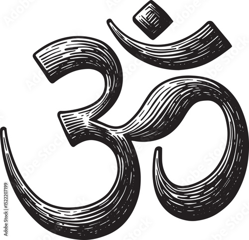 Elegant Black and White Woodcut Illustration of the Sacred Om Sy