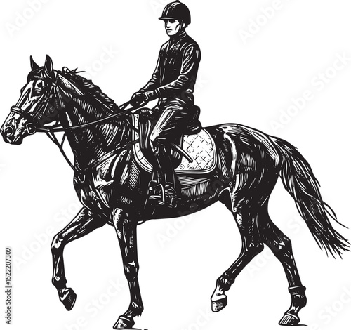 Detailed woodcut illustration of horseback riding scene in black
