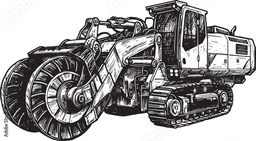 Monochrome woodcut illustration of a tracked debris removal vehi