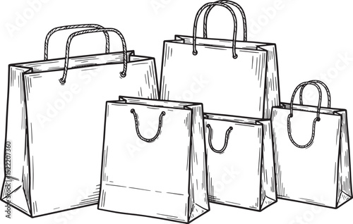 Elegant monochromatic woodcut illustration of assorted shopping