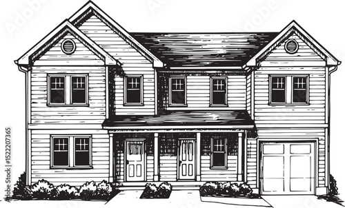 Detailed Woodcut Illustration of a Classic American Rental Prope