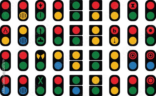 Set of varied traffic light illustrations with alternative design and light combinations