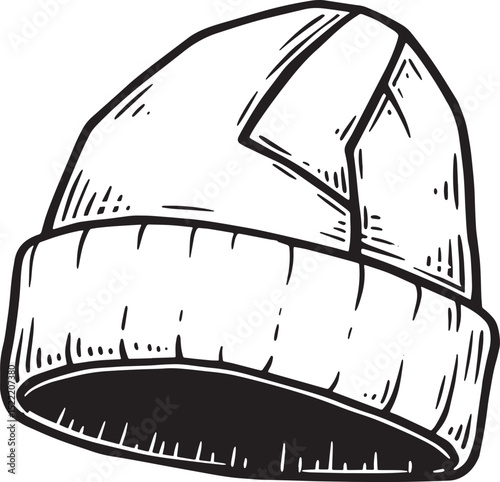 Monochrome Woodcut Style Illustration of a Knitted Winter Hat De