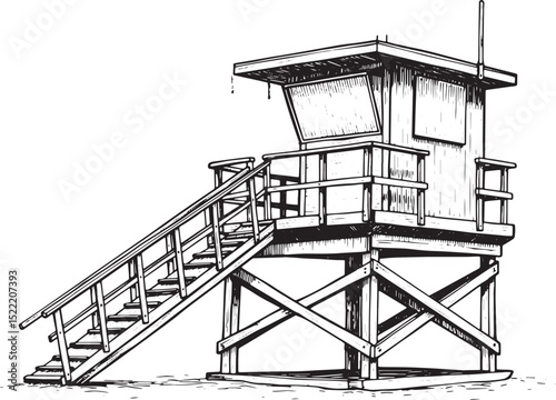 Detailed Woodcut Drawing of a Lifeguard Tower with Stairs and Ob