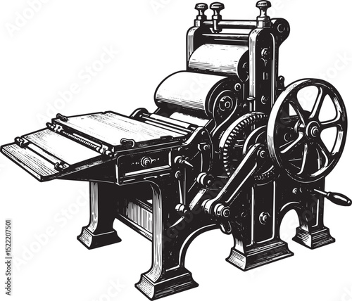 Vintage letterpress printing machine illustration showcases intr