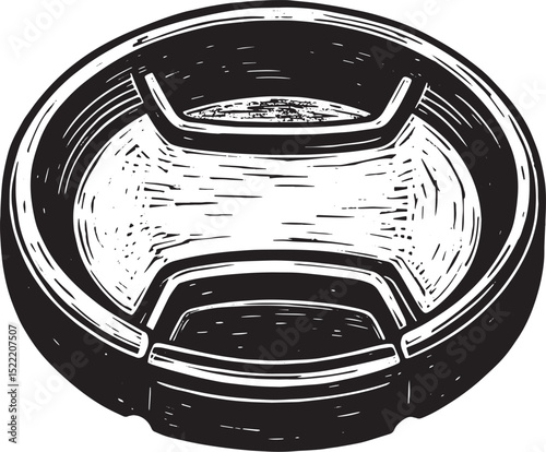 Monochrome minimalist illustration of a photographic lens cap in