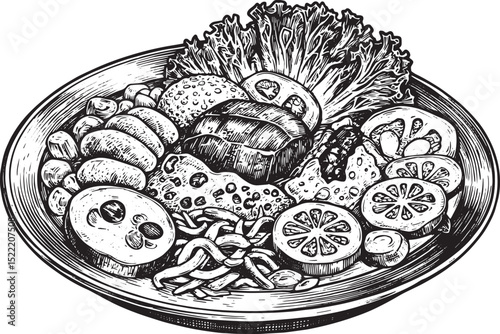 Monochrome food platter showcasing an array of culinary delicaci