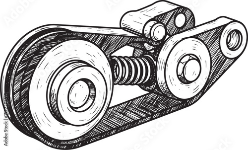 Detailed woodcut-style illustration of a timing belt tensioner m