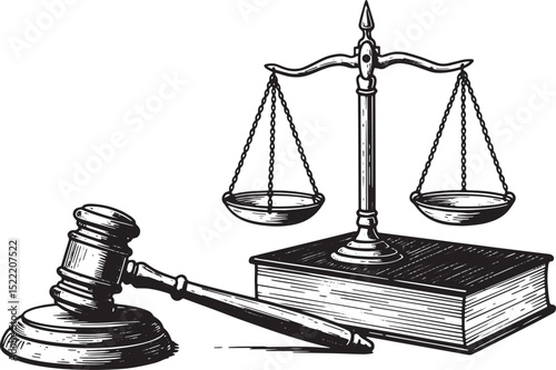 Vintage illustration of justice scales, law book and gavel, lega