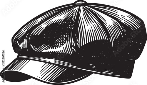 Detailed woodcut style illustration of a vintage newsboy cap on
