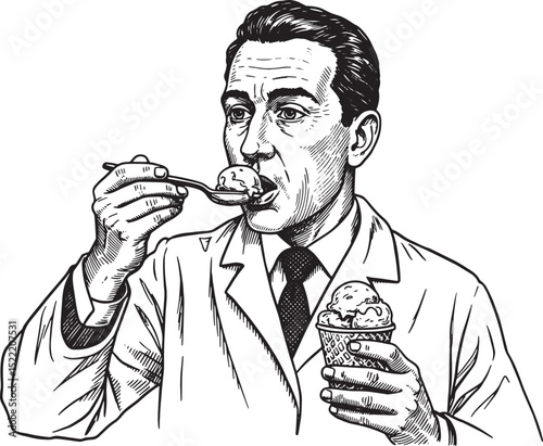 Vintage style woodcut illustration of a man enjoying a spoonful