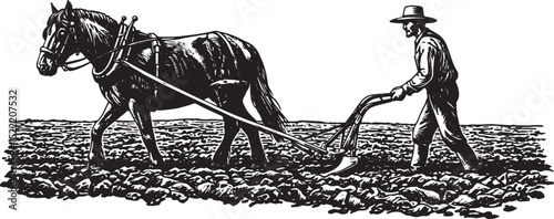 Monochrome illustration of a horse-drawn plow tilling farmland i
