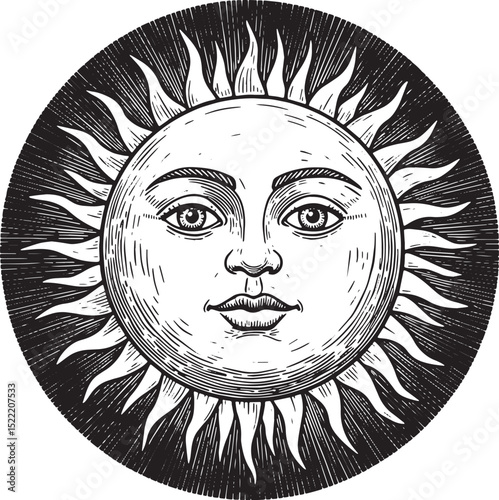 Monochrome sun with face engraving style celestial orb vintage i