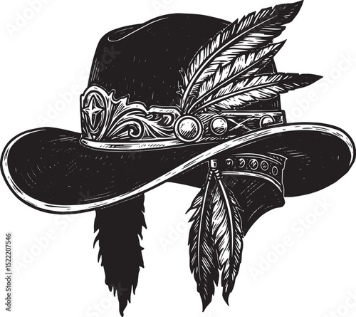 Ornate Wild West Hat Woodcut: Vintage Western Accessory Illustra