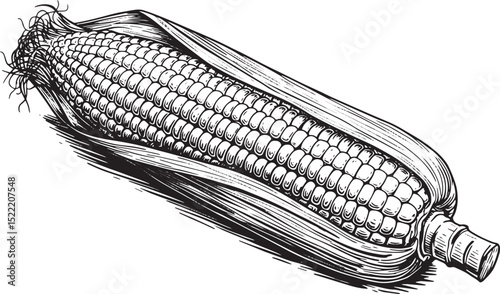 Elegant black and white woodcut illustration of a ripe ear of co