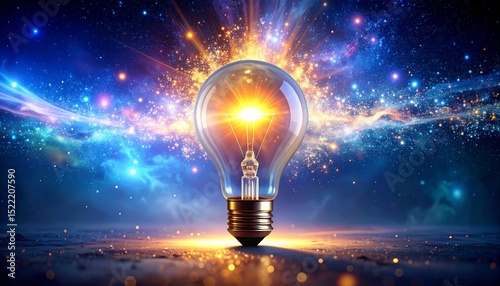 Birth of Breakthrough Idea. Luminous Light Bulb from Cosmic Dust, Representing Innovation, Inspiration, and Creative Problem Solving.