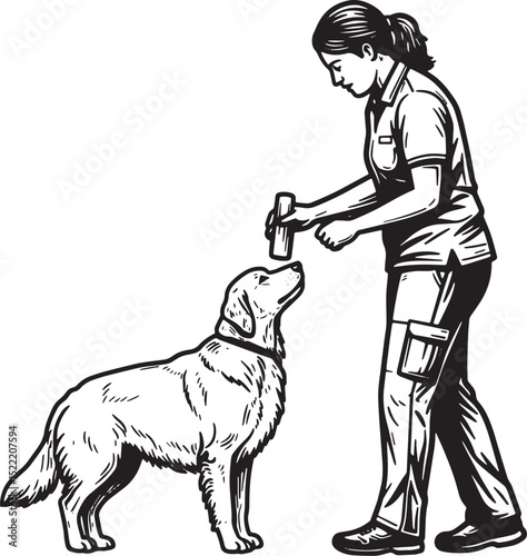 Black and White Woodcut Illustration of a Woman Training Her Dog