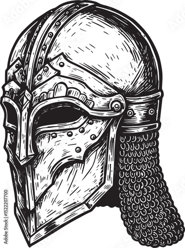 Detailed woodcut illustration of a medieval wanderer helmet in b